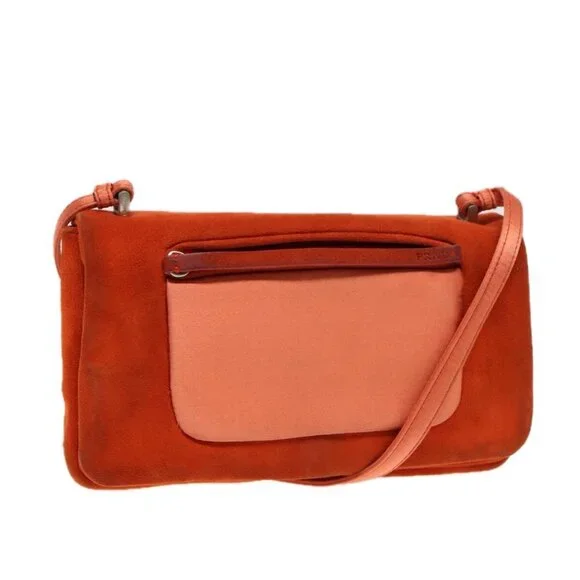 PRADA Shoulder Bag Suede Orange Silver Auth